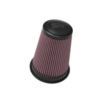 K&N RU-5321 universal clamp-on air filter with red pleated cotton media and adjustable black rubber mounting flange.