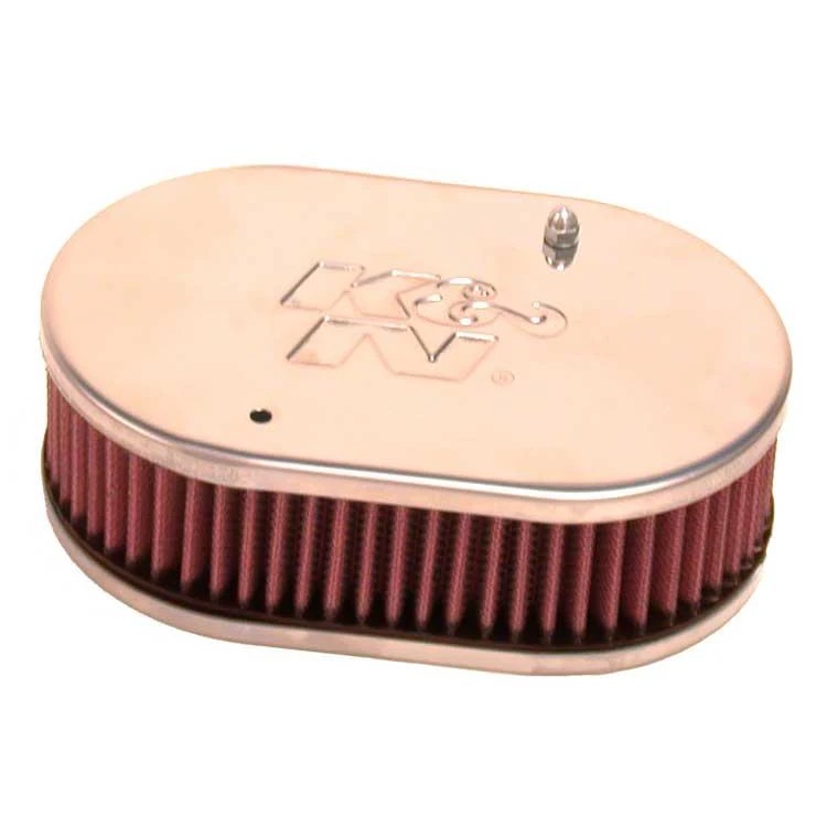 K&N 56-9105 oval air filter assembly with chrome plates and red pleated filter media showing the 51mm neck flange.