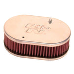 K&N 56-9105 oval air filter assembly with chrome plates and red pleated filter media showing the 51mm neck flange.