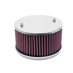 K&N round custom air filter assembly 56-9095 with chrome top and base plates and 1.625 inch intake flange.