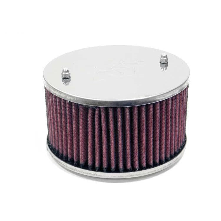 K&N round custom air filter assembly 56-9095 with chrome top and base plates and 1.625 inch intake flange.