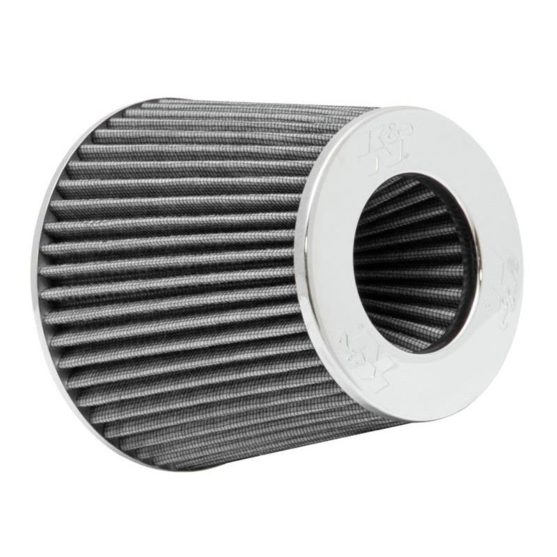 K&N RG-1001WT universal round tapered air filter with white media, chrome top, and 4-inch black rubber clamp-on flange.