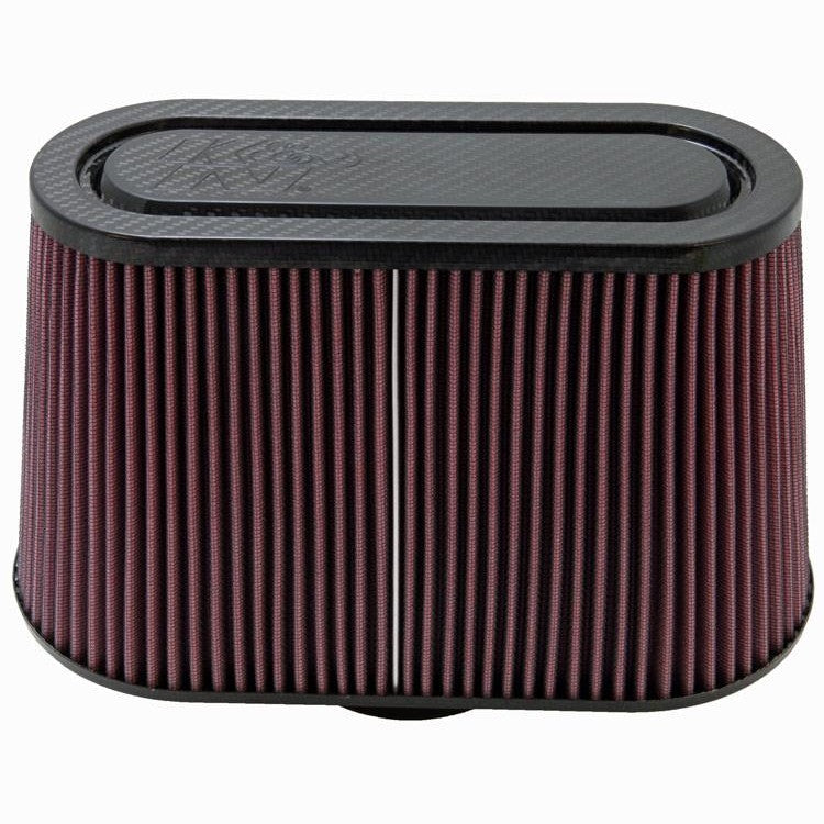 K&N RP-5103 universal air filter with red pleated cotton media and glossy carbon fiber top and base.