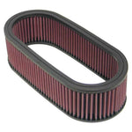K&N E-3671 oval high-flow air filter with red oiled cotton media and wire mesh reinforcement