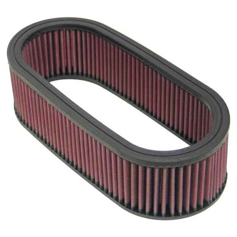 K&N E-3671 oval high-flow air filter with red oiled cotton media and wire mesh reinforcement