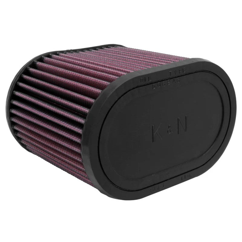 K&N RU-1500 universal oval clamp-on air filter with 2.75-inch rubber flange and stainless steel hose clamp.