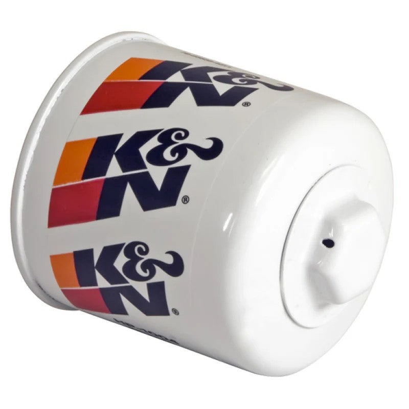 K&N Performance Gold oil filter HP-1004 featuring a white heavy-duty canister with a 1-inch welded hex nut