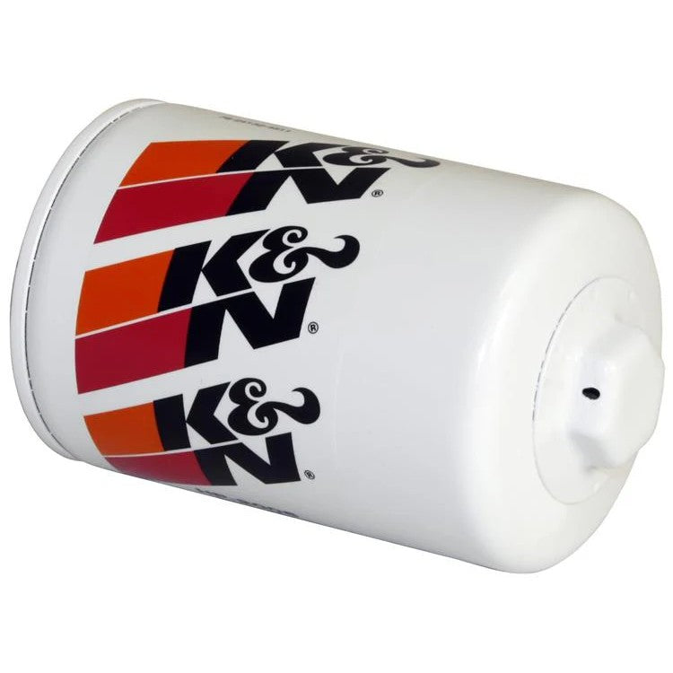 K&N Performance Gold oil filter HP-2006 featuring a white heavy-duty canister with a 1-inch welded removal nut.