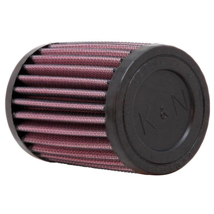 K&N RU-0160 round straight universal air filter with red pleated media and black 1.5-inch rubber flange.