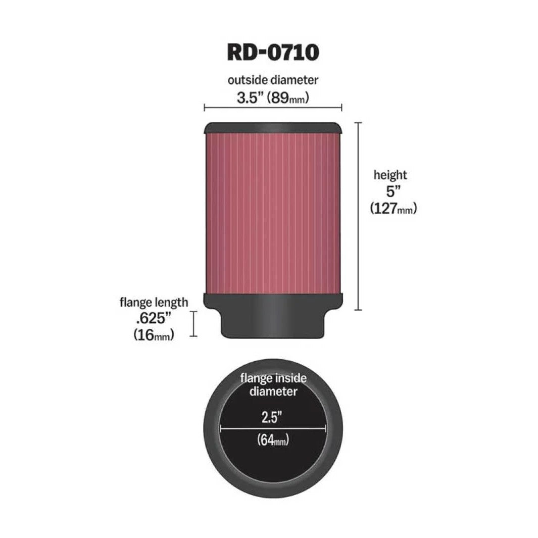 K&N RD-0710 universal air filter with black rubber flange and red pleated media.