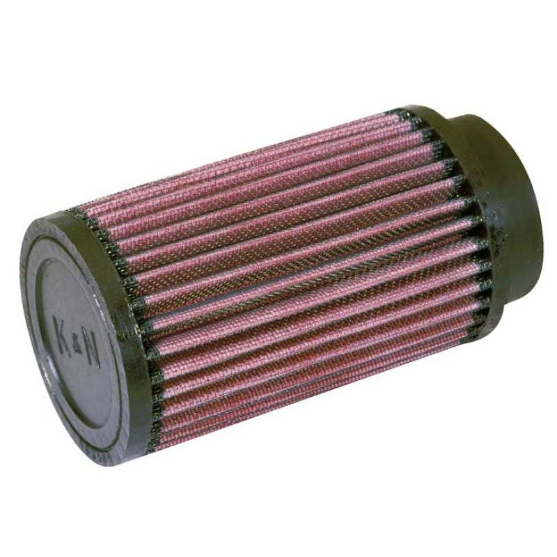 K&N RD-0720 universal air filter featuring a 2.5-inch black rubber flange and red pleated cotton gauze media.