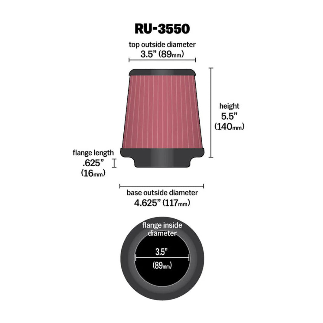 K&N RU-3550 universal tapered air filter with black rubber 3.5-inch flange and pleated cotton gauze media