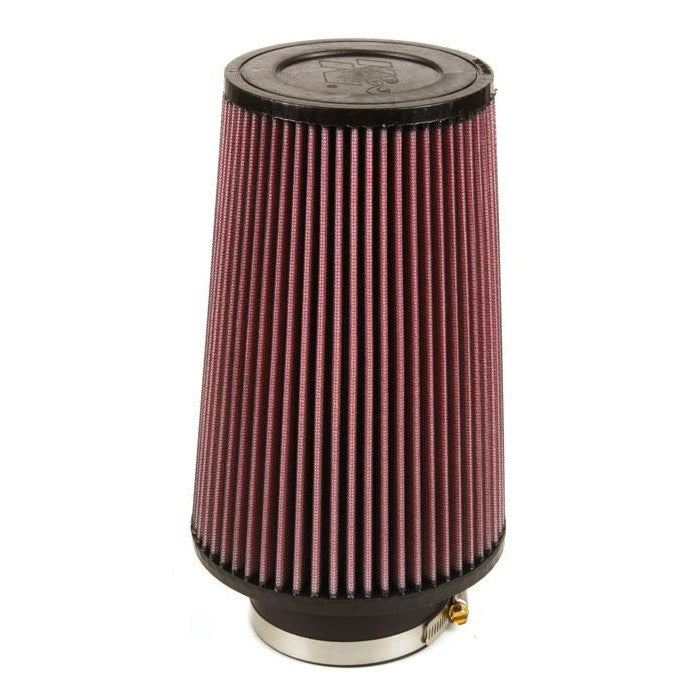 K&N RE-0920 universal round tapered air filter with red pleated media and a 3.5 inch black rubber flange.