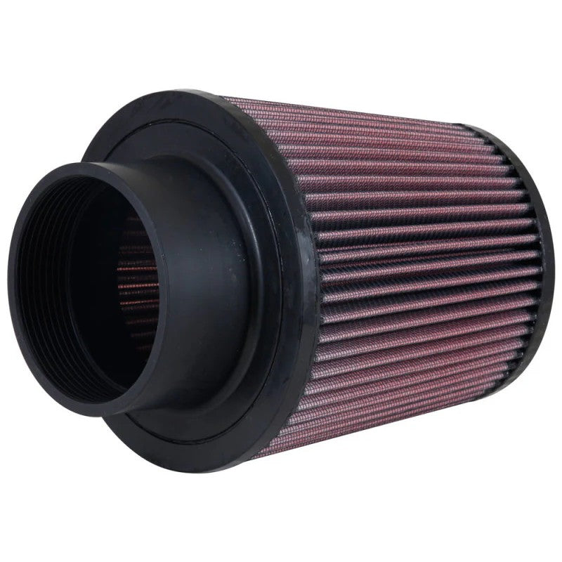 K&N RE-0950 universal round tapered air filter with red pleated media and black molded rubber flange.