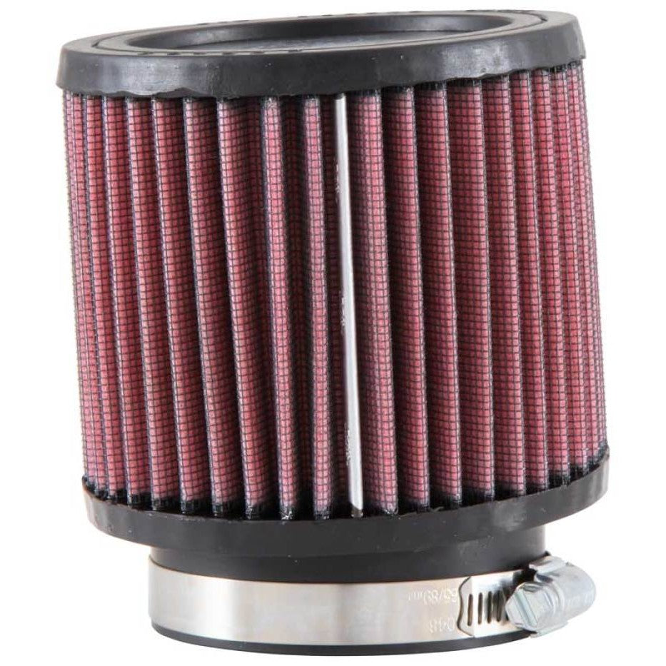 K&N RB-0900 universal round tapered air filter with 3-inch 5-degree angled rubber flange and 4.5-inch outer diameter.