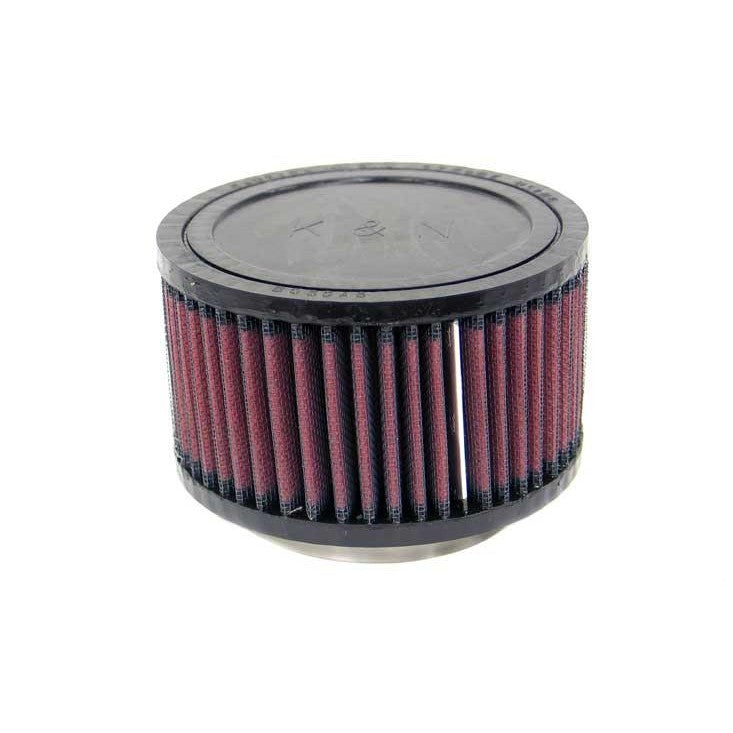 K&N RU-2420 universal round straight air filter with 3 inch rubber flange and red pleated media.
