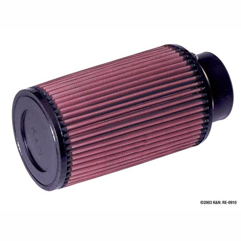 K&N RE-0910 round tapered universal air filter with 3 inch rubber flange and red pleated media