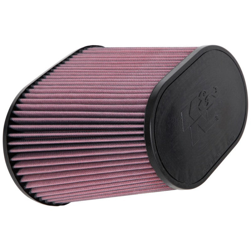 K&N RE-1040 universal oval tapered air filter featuring a black rubber flange and pleated cotton filter media.