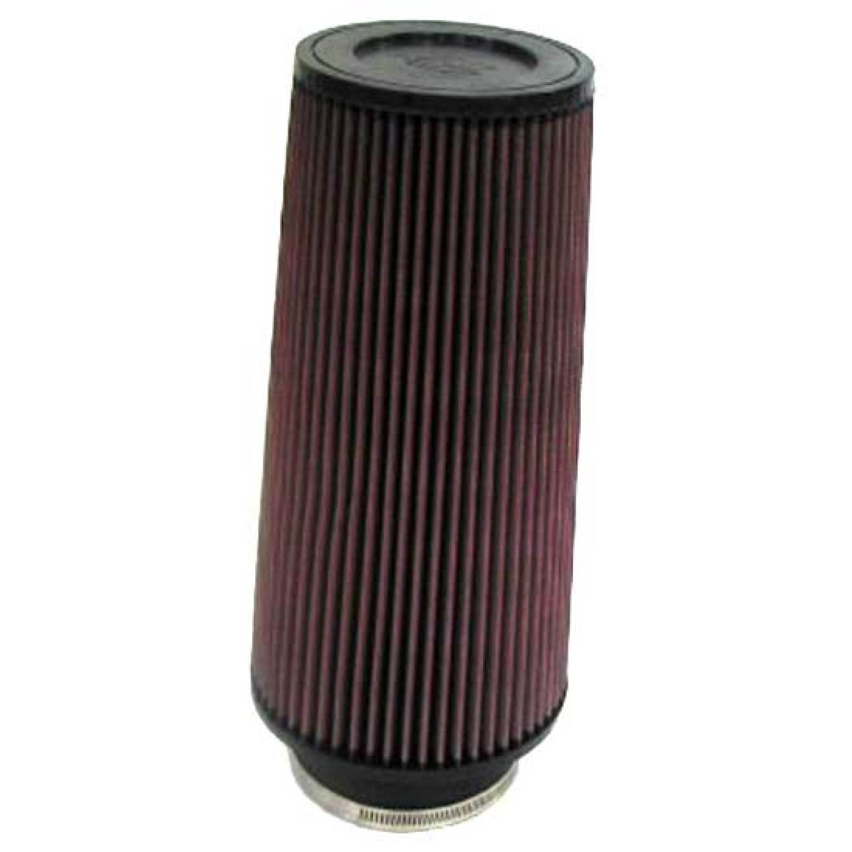 K&N RE-0860 universal round tapered air filter with red pleated media and black rubber flange.