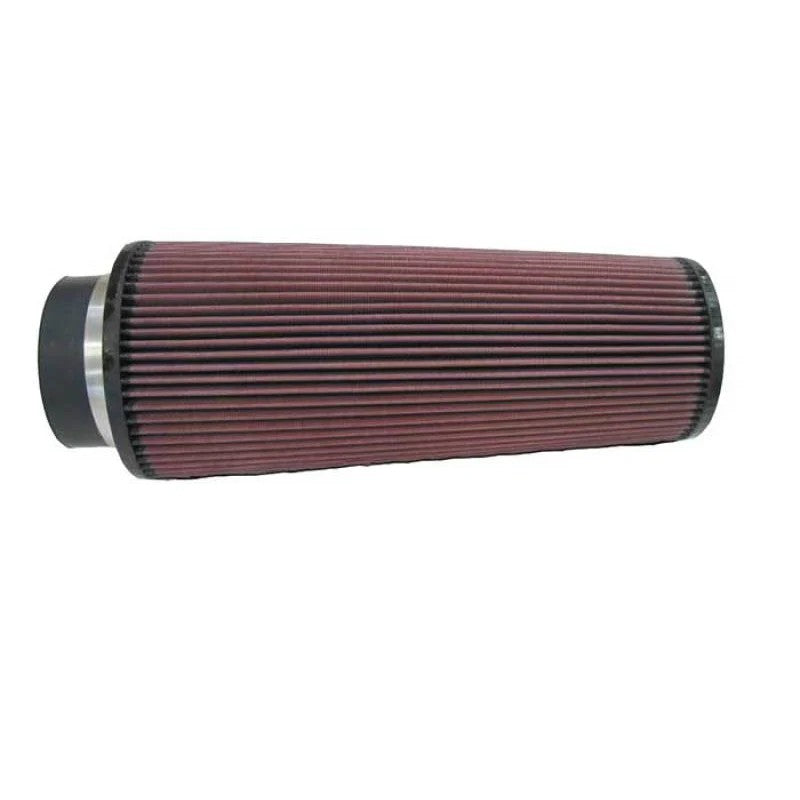 K&N RE-0880 round tapered universal air filter with 4-inch black rubber flange and pleated red media.