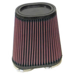 K&N RU-4710 dual flange oval tapered universal air filter with red pleated media and black molded rubber flanges.