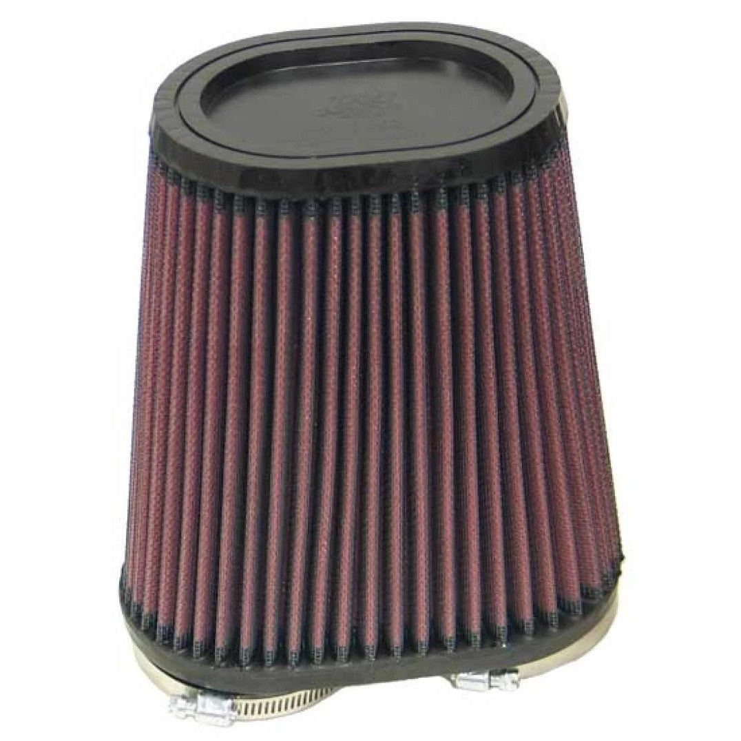 K&N RU-4710 dual flange oval tapered universal air filter with red pleated media and black molded rubber flanges.