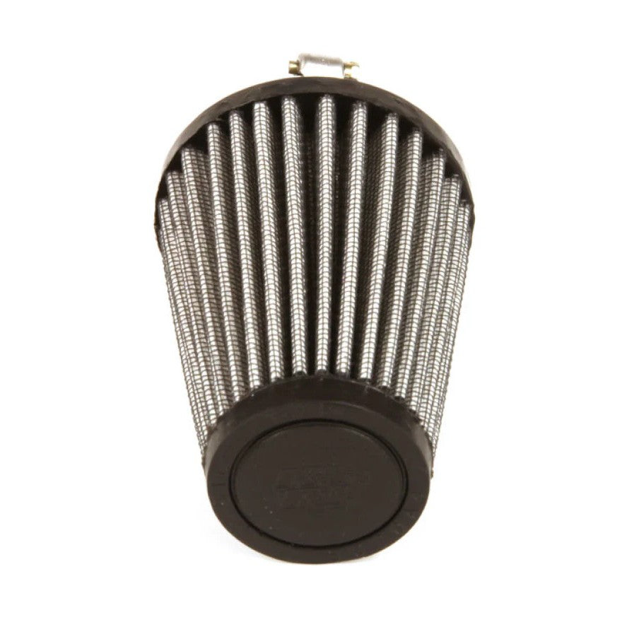 K&N R-1100 round tapered air filter with black rubber base and red pleated filtration media.