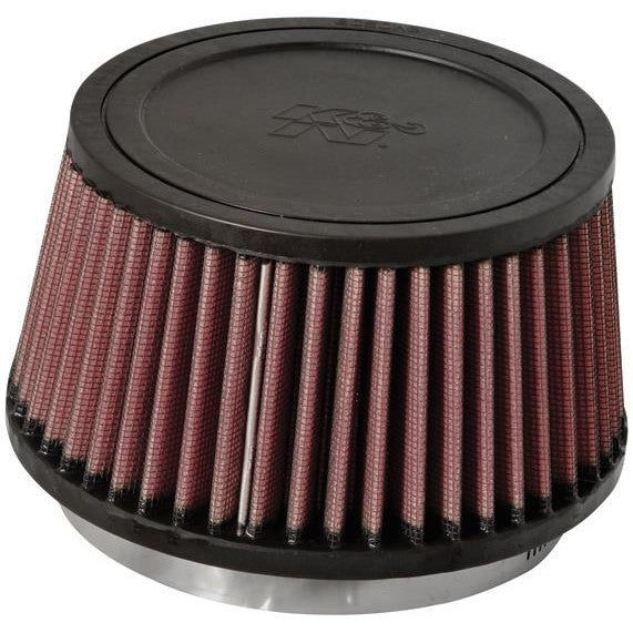 K&N RU-3110 universal round tapered air filter featuring a 4.5 inch flange ID and black rubber base.