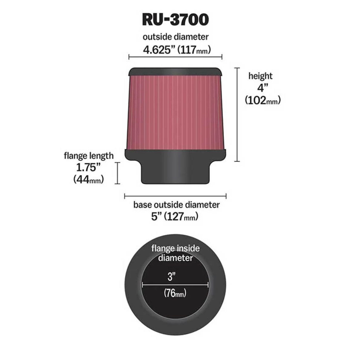 K&N RU-3700 universal round tapered air filter with pleated red media and black rubber top and base.