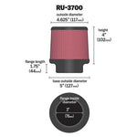 K&N RU-3700 universal round tapered air filter with pleated red media and black rubber top and base.