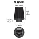 K&N RU-5171HBK black round tapered Dryflow universal air filter with 4 inch flange and rubber base.