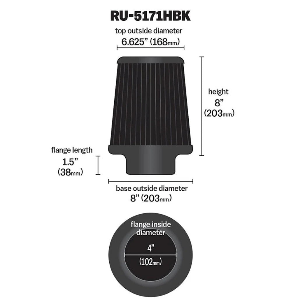 K&N RU-5171HBK black round tapered Dryflow universal air filter with 4 inch flange and rubber base.