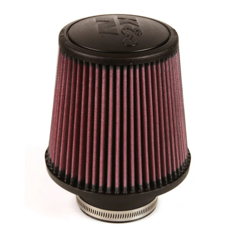 K&N RE-0930 round tapered air filter with 3-inch black rubber flange and red pleated media