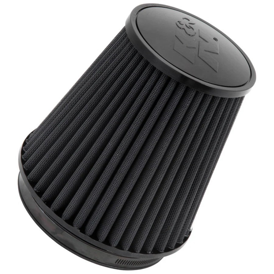 K&N RU-3101HBK black round tapered universal air filter with 6 inch rubber flange and synthetic Dryflow media.