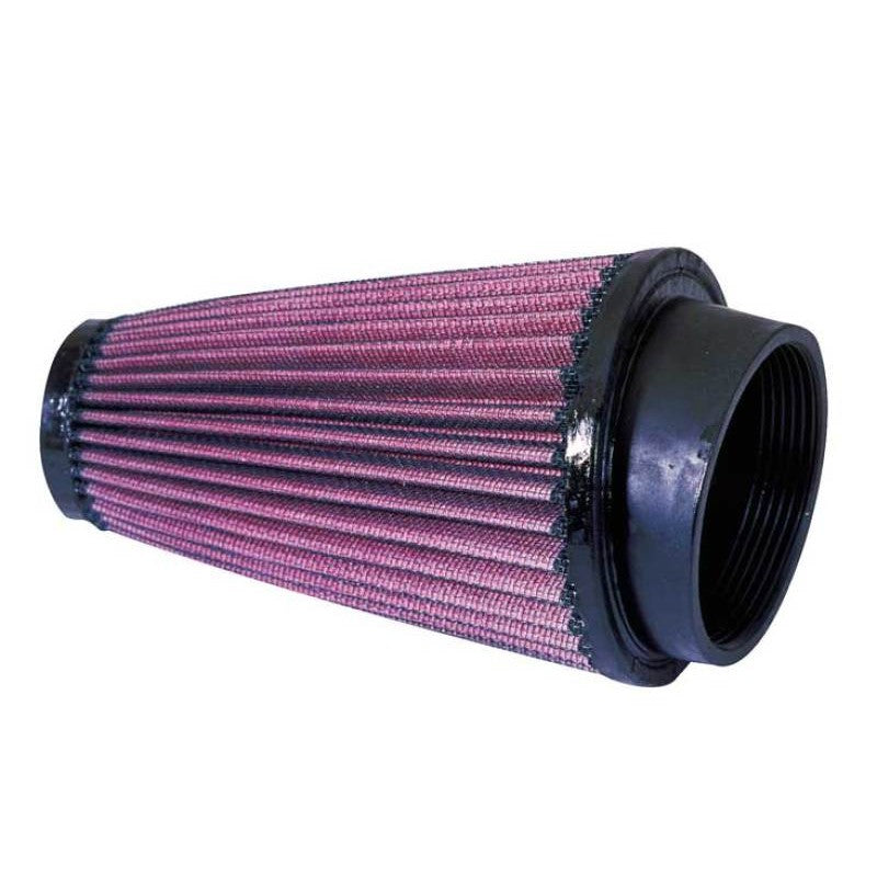 K&N RU-3120 universal clamp-on air filter featuring red pleated media and a black molded rubber flange