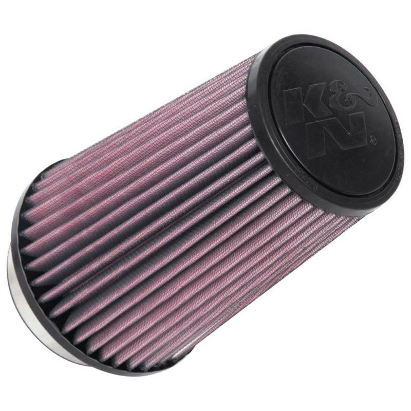 K&N RU-1045 universal tapered air filter with red pleated media and black 3.5-inch rubber flange.