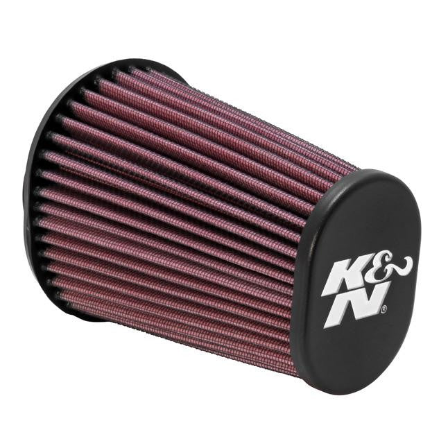K&N RE-0960 oval tapered air filter with 2.438 inch flange ID and black rubber mounting base