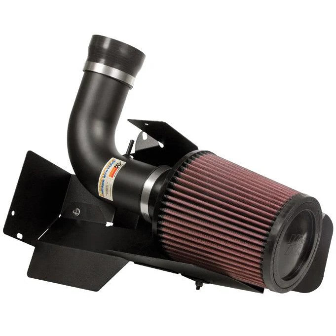 K&N Typhoon performance air intake system with mandrel-bent aluminum tube, conical air filter, and custom heat shield.