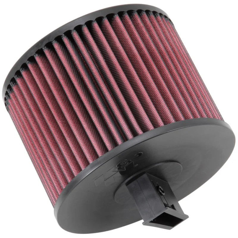 K&N E-2022 cylindrical high-flow air filter featuring red pleated oiled cotton media and black rubber seals.