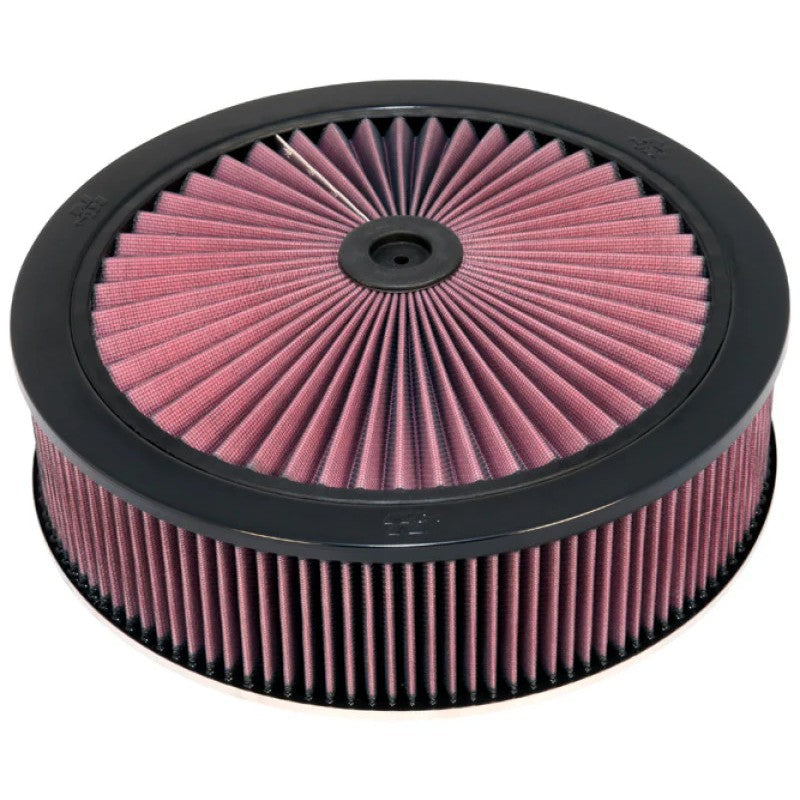 K&N X-Stream air filter top assembly with a pleated filter lid, 14-inch diameter, and 1.25-inch drop base