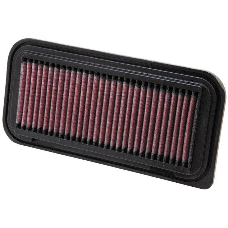 K&N 33-2211 rectangular high-flow drop-in replacement air filter with red oiled cotton gauze media