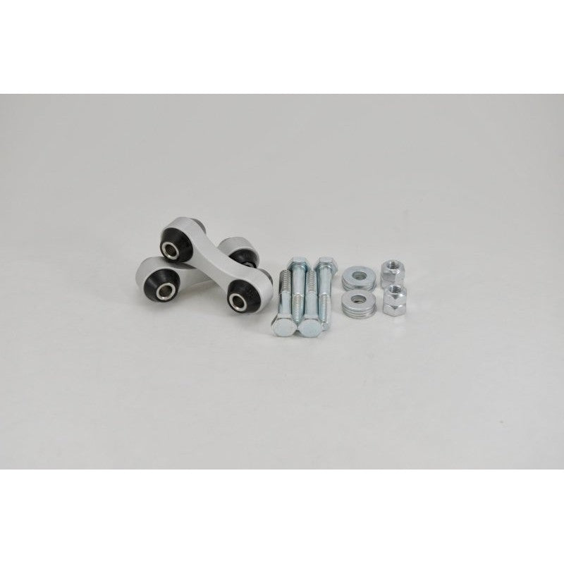 Kartboy silver CNC-machined front sway bar endlinks with black bushings and mounting hardware for Subaru WRX and STi.