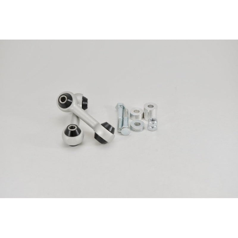 CNC machined aluminum Kartboy rear sway bar endlinks with black urethane bushings and high-grade mounting hardware.