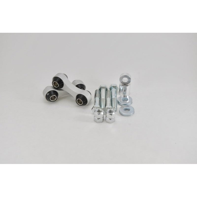 Kartboy silver CNC machined aluminum front sway bar endlinks with black urethane bushings for 2015-2021 Subaru WRX and STI.