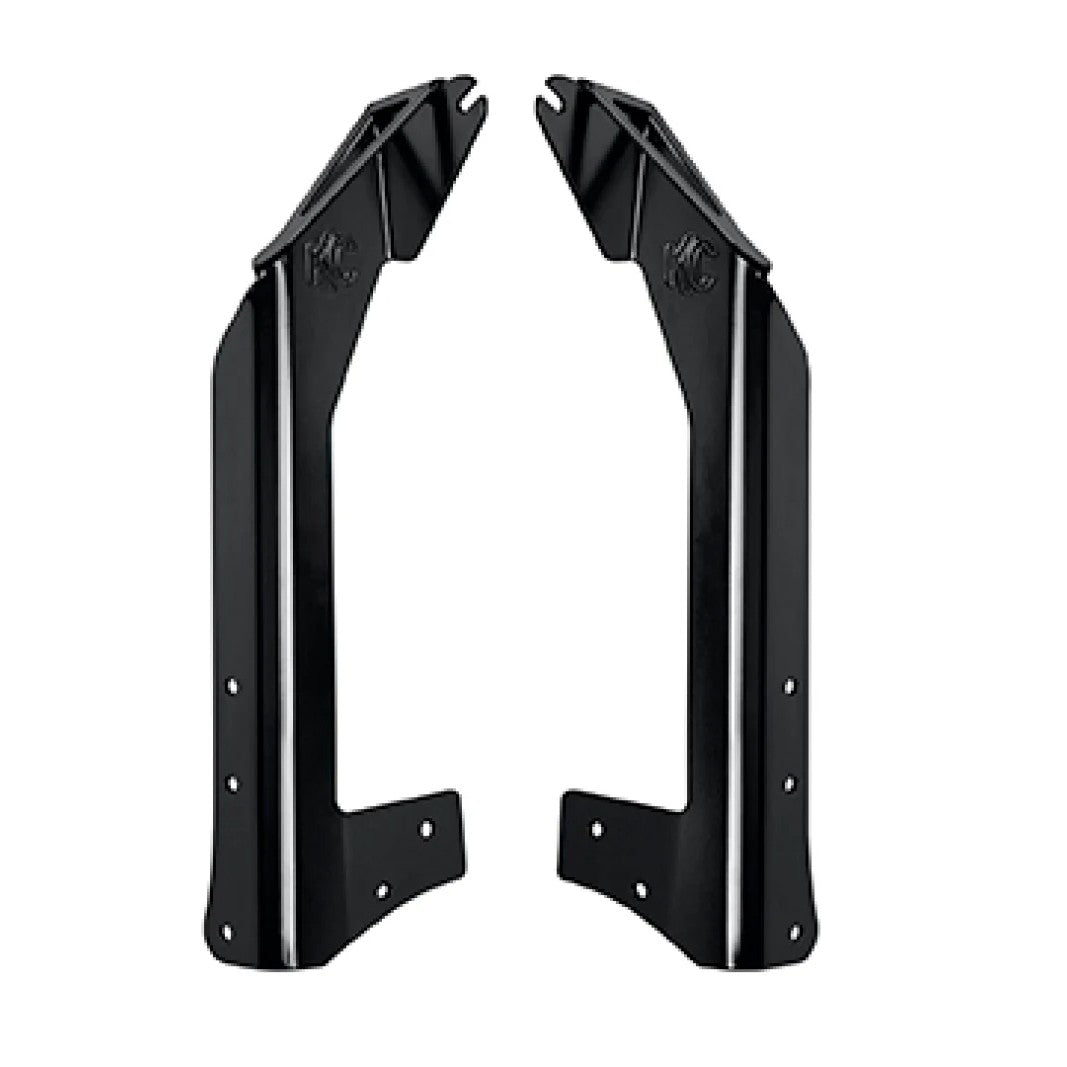 Black powder-coated hardened steel overhead mounting brackets for a 50-inch light bar on a 2007-2018 Jeep Wrangler JK.