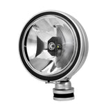 Pair of black 6-inch KC HiLiTES Daylighter Gravity G6 LED spot lights with stone guards and wiring harness.