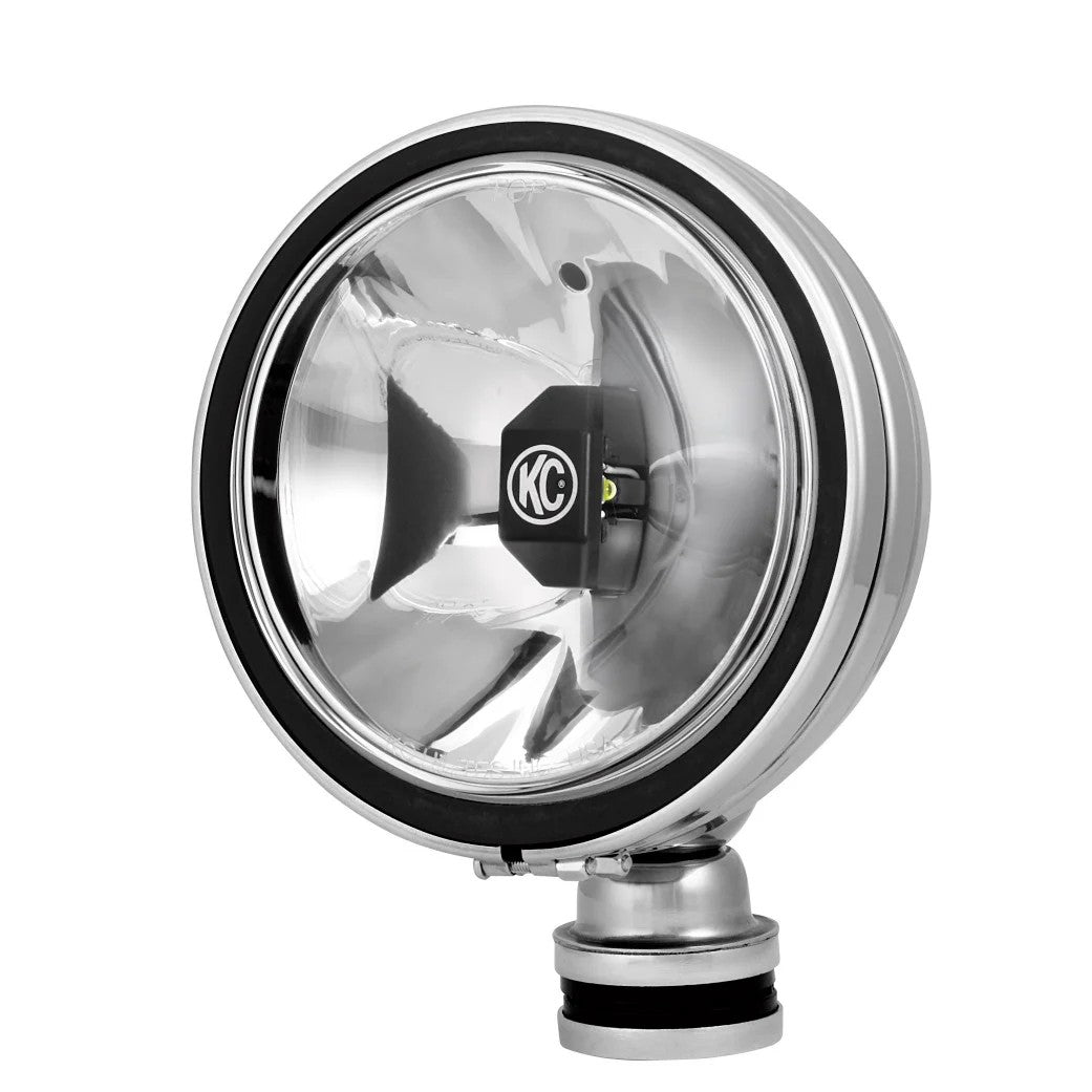 Pair of black 6-inch KC HiLiTES Daylighter Gravity G6 LED spot lights with stone guards and wiring harness.
