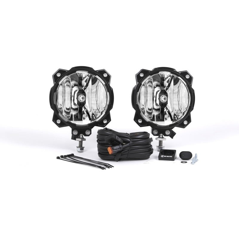 Pair of KC HiLiTES 6-inch Pro6 Gravity LED lights in black Infinity Ring housings with universal ball mounts.