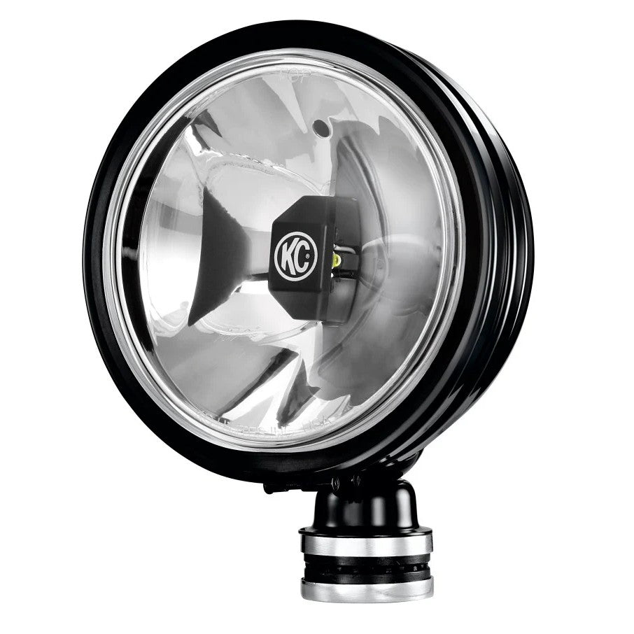 Pair of 6-inch KC HiLiTES Daylighter Gravity G6 LED driving lights with black stainless steel housings and stone guards.