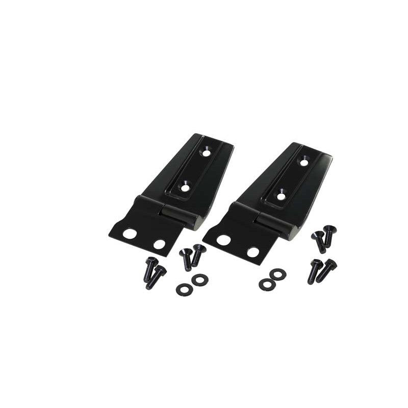 A pair of textured black powder-coated hood hinges for 2007-2018 Jeep Wrangler JK.
